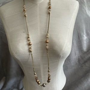 Long multi-metallic color bead station necklace